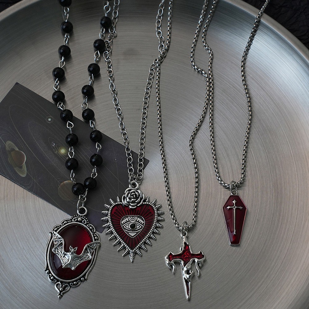 Stainless Steel Red Gothic Religious Cross Tombstone Heart Bat Pendant Necklace