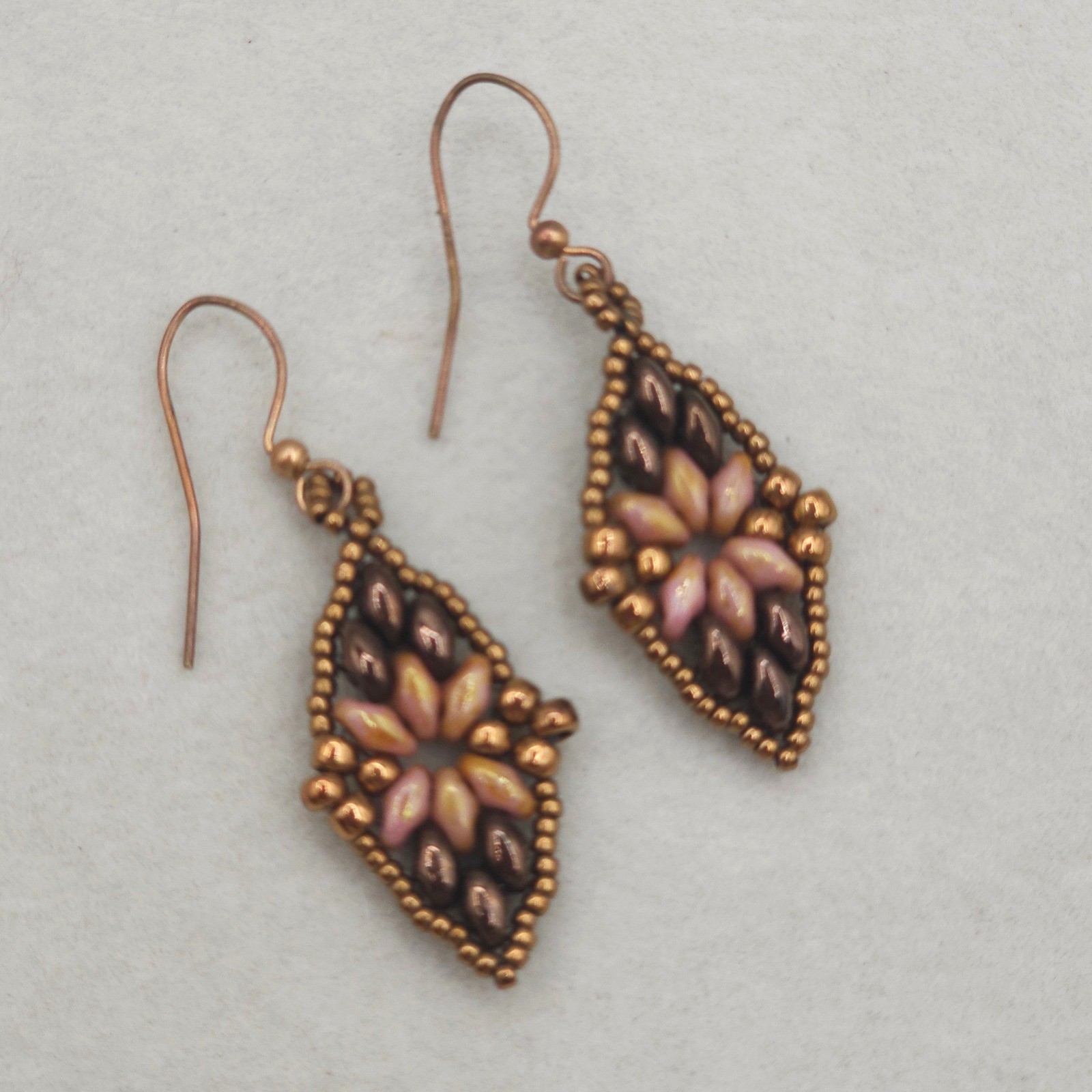 Beaded Floral Boho Dangle Earrings Mauve Purpleish Bronze Tones Earthy