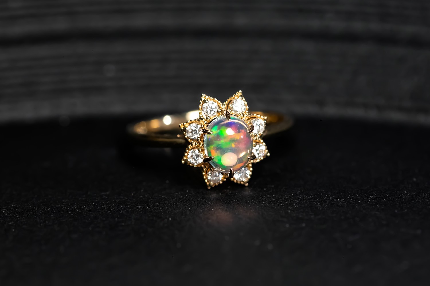 Sunflower Fire Opal Diamond Engagement Ring 14K Yellow Gold