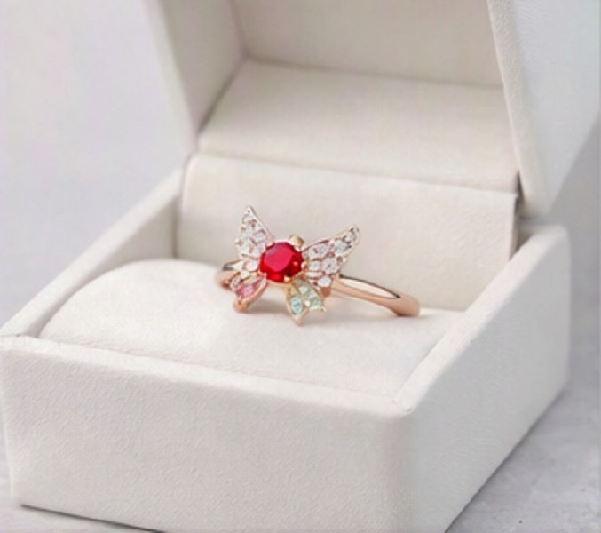 2ct Round Cut Simulated Red Ruby/CZ Butterfly Cocktail Ring 14k Rose Gold Plated