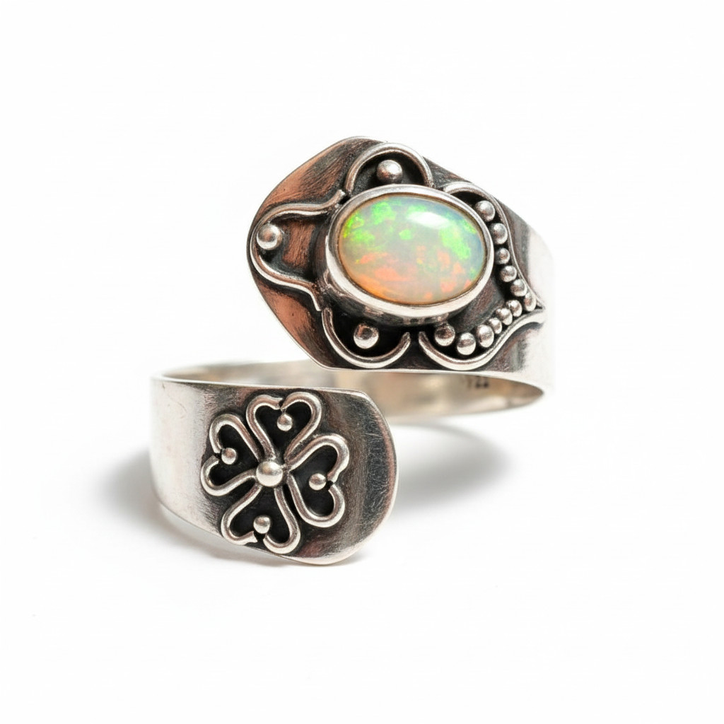 Fire Within Ethiopian Opal Wrap Ring 925 Oxidized Silver Adjustable Sizes 5-9