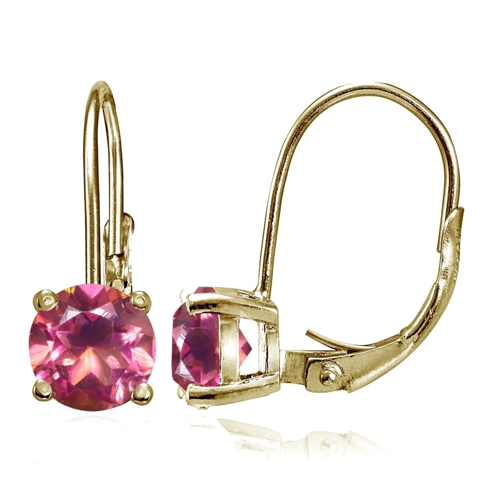 Yellow Gold Flashed Sterling Silver Pink Topaz 6mm Round Leverback Earrings
