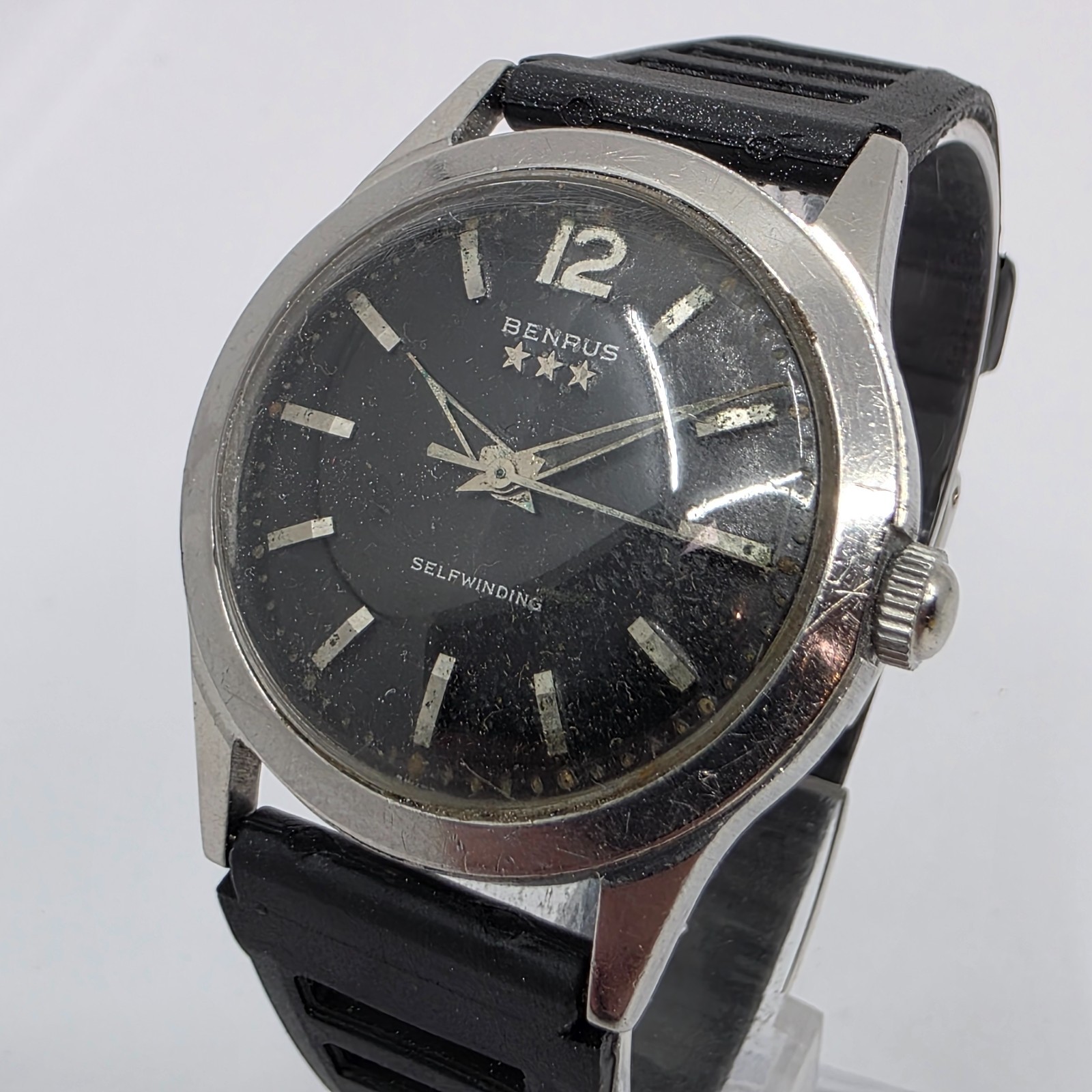 Benrus 3 Star 7155 Self Winding Black Dial Steel Watch