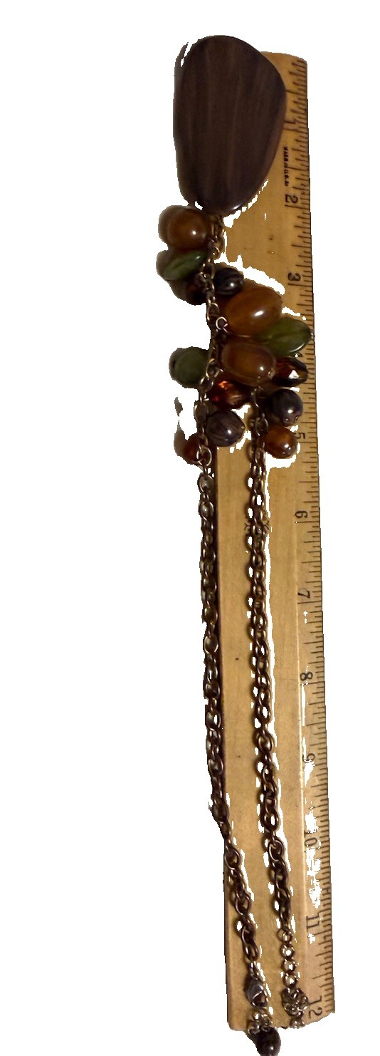 Vtg Style Gold Tone Wood Grain Teardrop Pendant Green and Brown Beaded Necklace