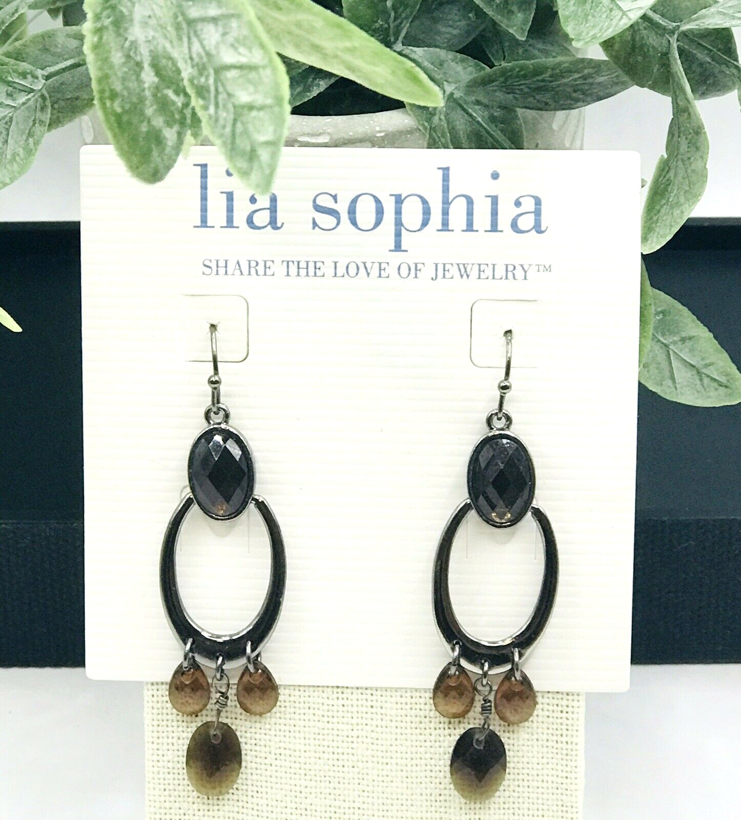 New! Lia Sophia “Ganache” Nickle Silver Tone Earrings w/Brown Cut Crystals