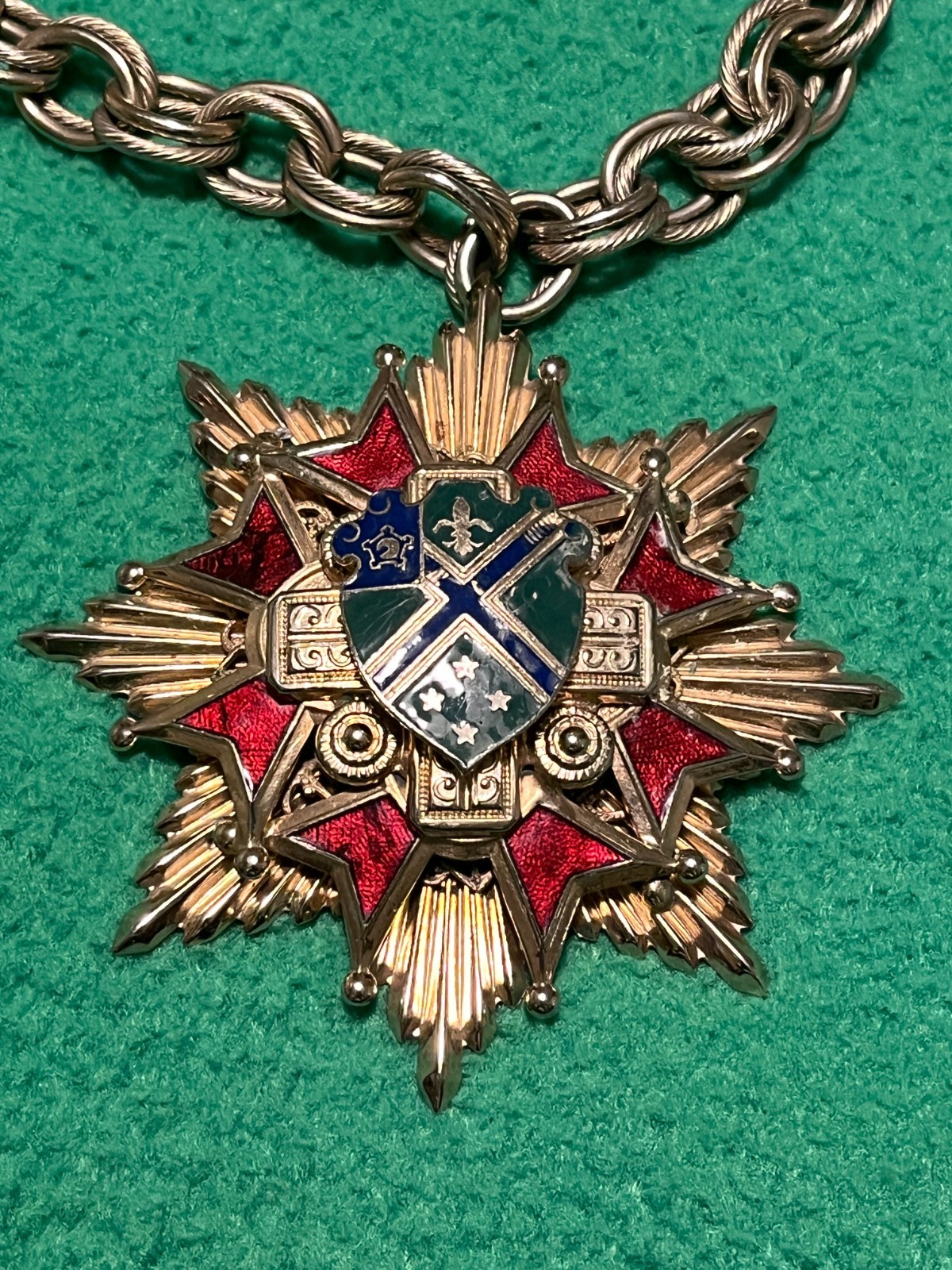 Vintage Heraldic Coat of Arms Huge Pin Pendant Brooch, Heavy chain , Masons ?