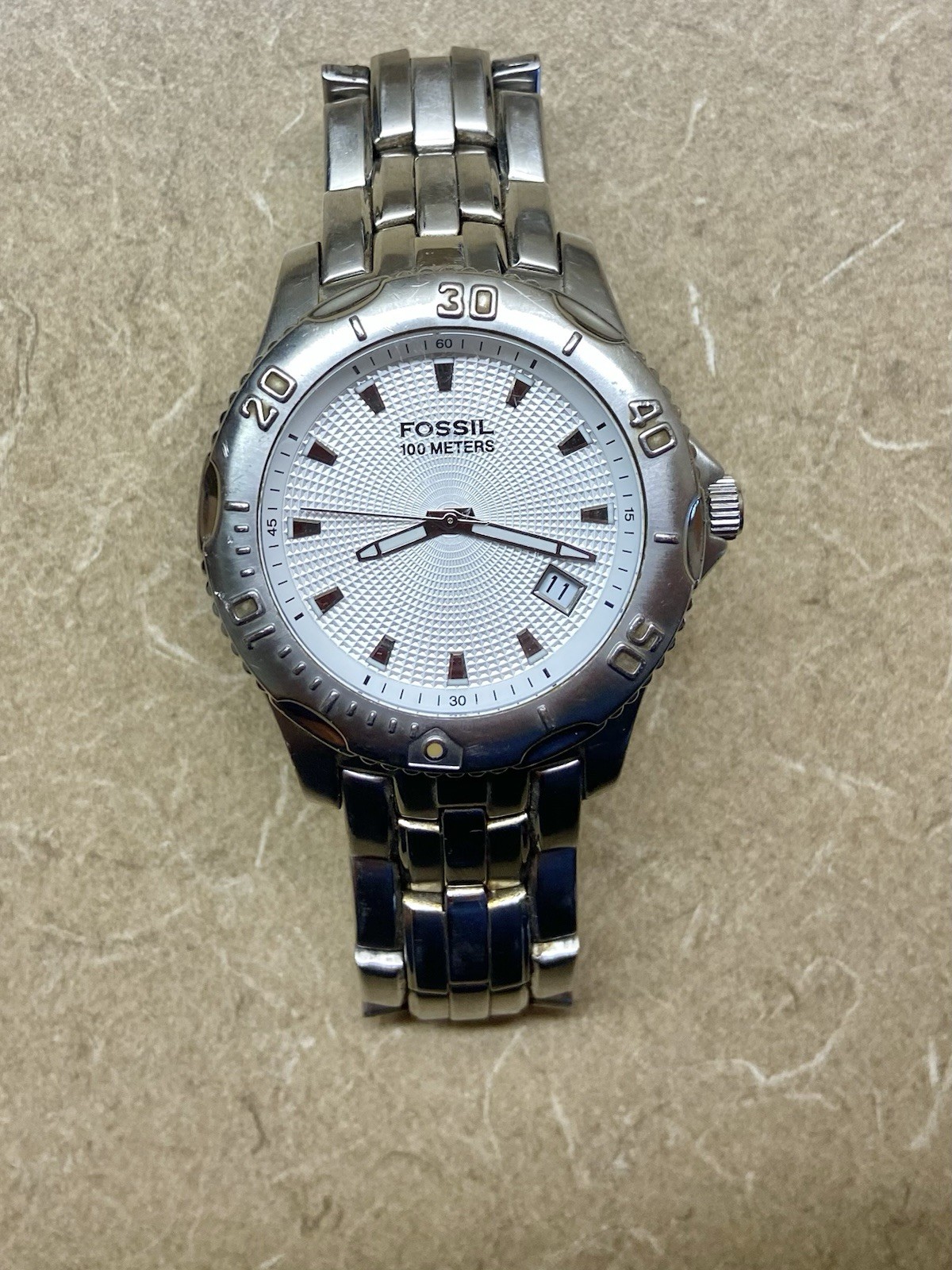 Fossil Blue AM3857 Men’s Silver SS Dial Quartz Watch White NEW Battery 6 1/2″