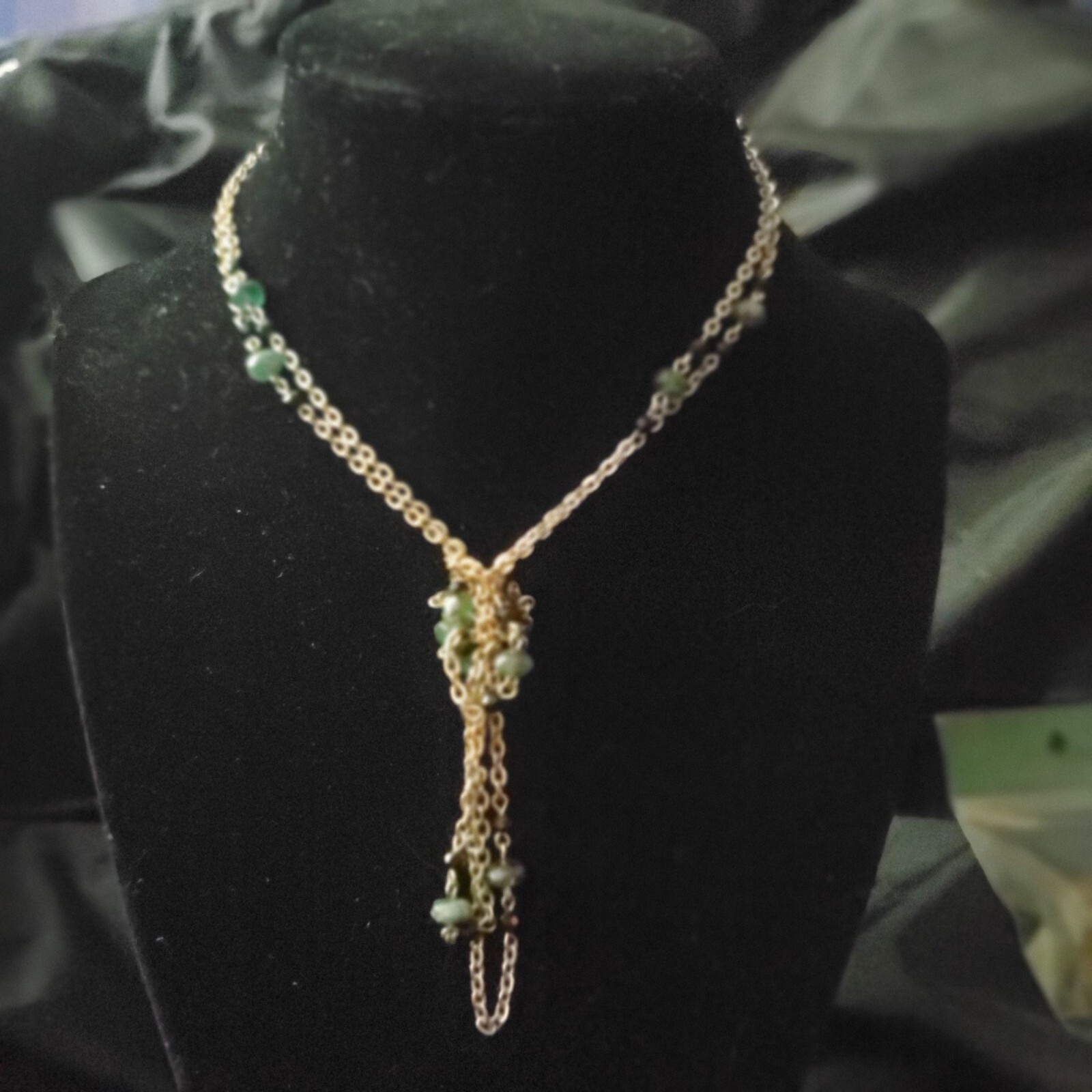Vtg 48″! Jade & Black Crystal Necklace Gold Tone X-Long Versatile Classic Luxury