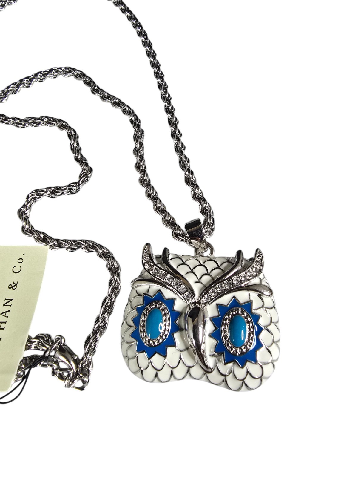 Stephan & Co Women’s Silver Plated White, Blue Rhinestone Owl Pendant Necklace