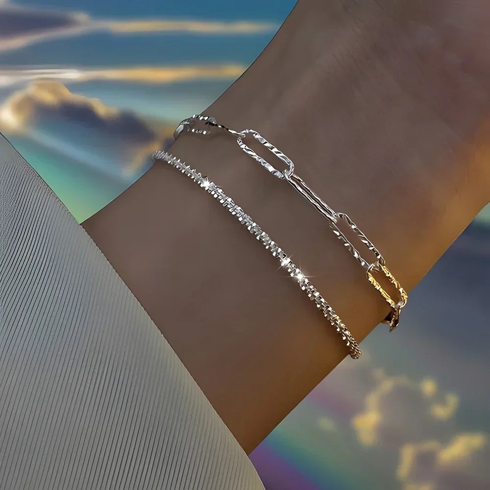 6PCS 925 Sterling Silver Rhinestone Bracelets Women Korean Jewelry Set