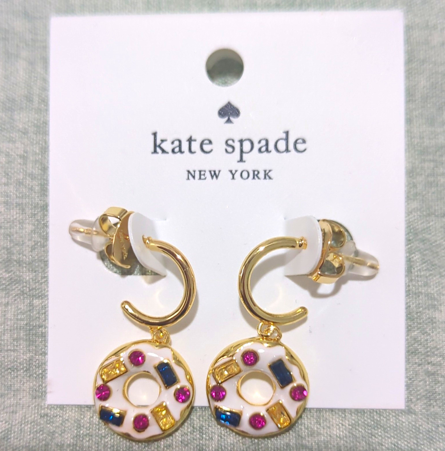 kate spade new york Gold Tone Enamel Round Hoop Dangle Earrings Crystal