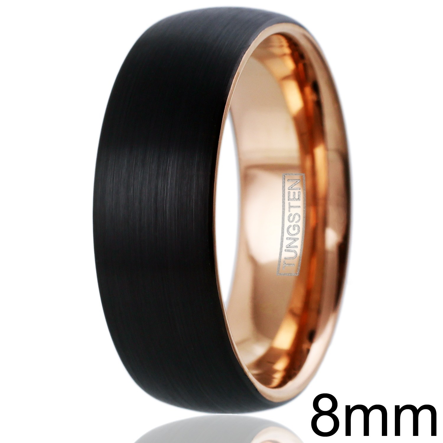 Black Brushed Tungsten Domed Rose Gold Plated Side & Inside Wedding Band Ring