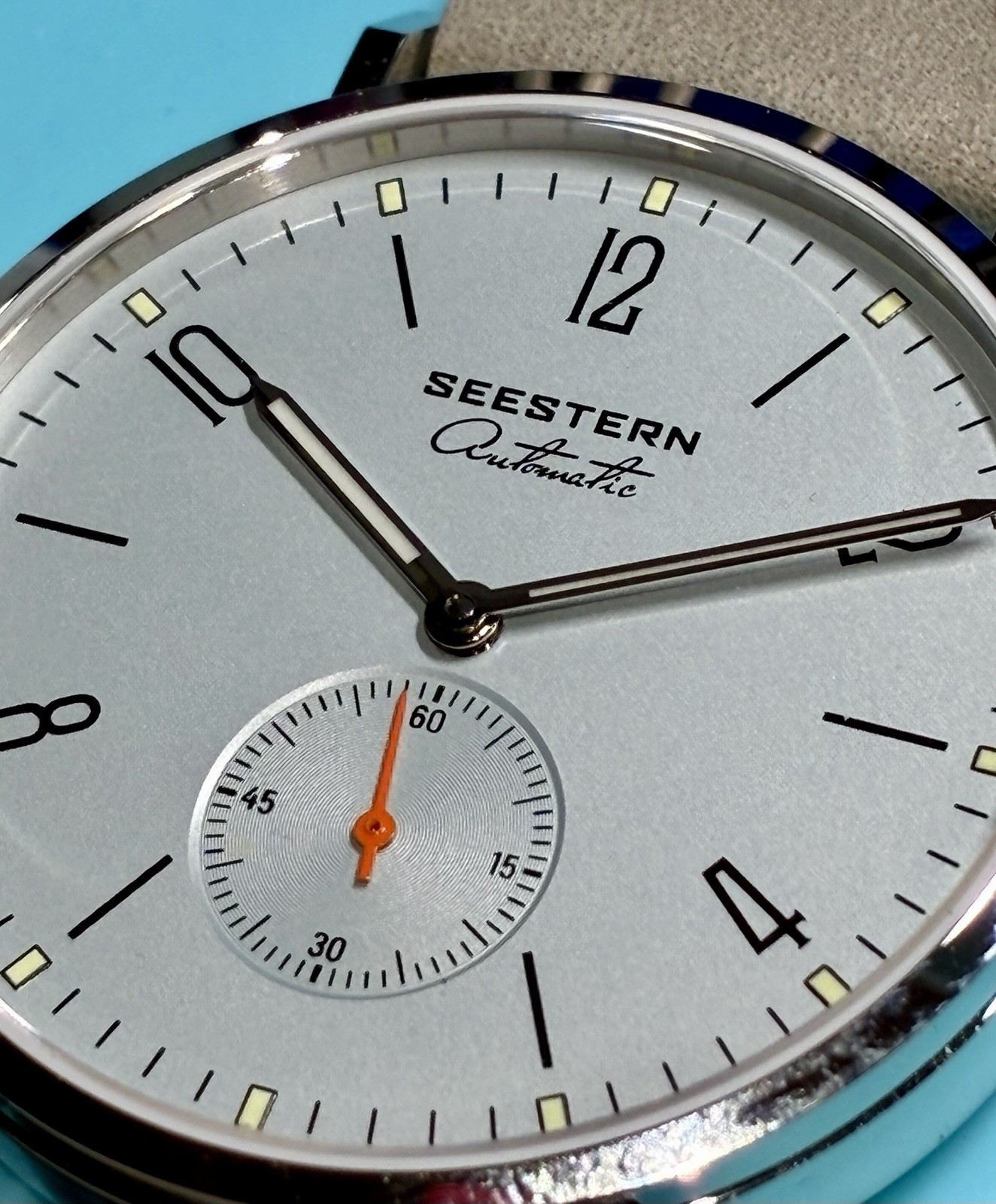 SEESTERN 38MM SMALL SECONDS MINIMALIST BAUHAUS STYLE AUTO SEAGULL LIGHT BLUE NEW