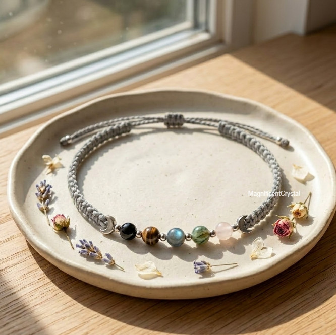 Double Moon Black Obsidian Smoky Quartz Moonstone Labradorite Selenite Choker