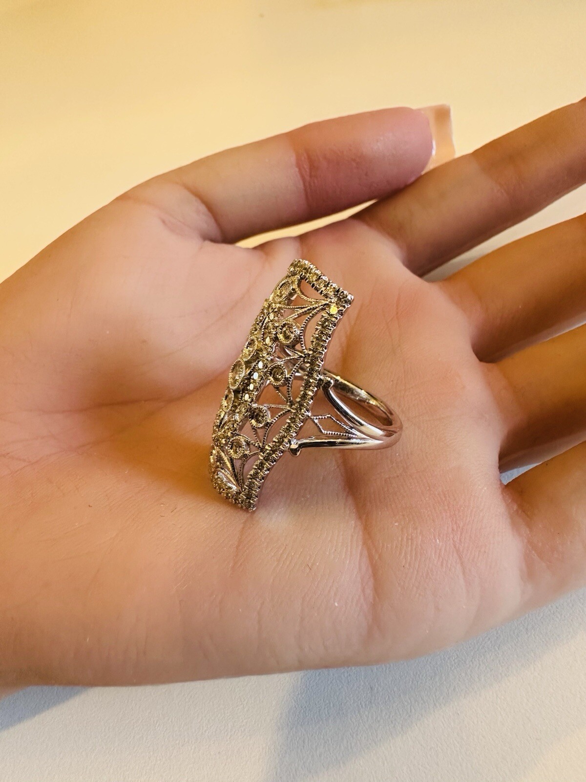 Gabriel & Co 14K White Gold Diamond Floral Filigree Long Right Hand Ring