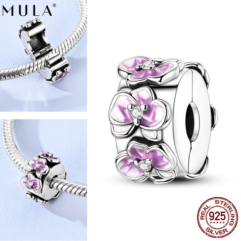 MULA 925 Sterling Silver DIY Charm CZ Butterfly Orchid Clip for Women Bracelet