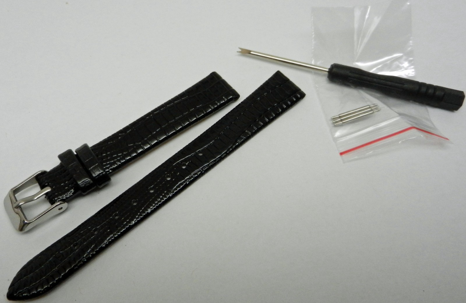 14mm Genuine Leather Lizard Grain Watch Strap Black Silver Buckle & Spring Bars