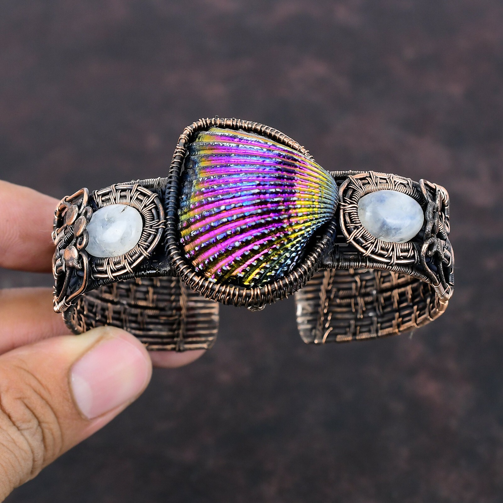 Titanium Coated Shell Stone Rainbow Moonstone Copper Wire Wrapped Wedding Bangle