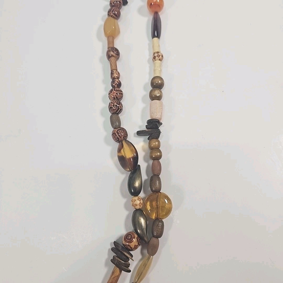 Boho Beaded Necklace Multi Strand Earth Tone Wood Statement 21”