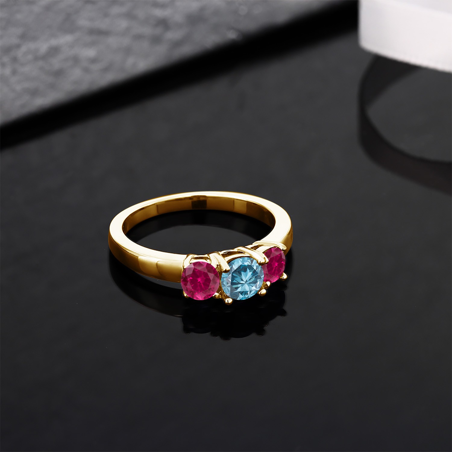18K Yellow Gold Plated Silver Blue Lab Grown Diamond and Created Ruby