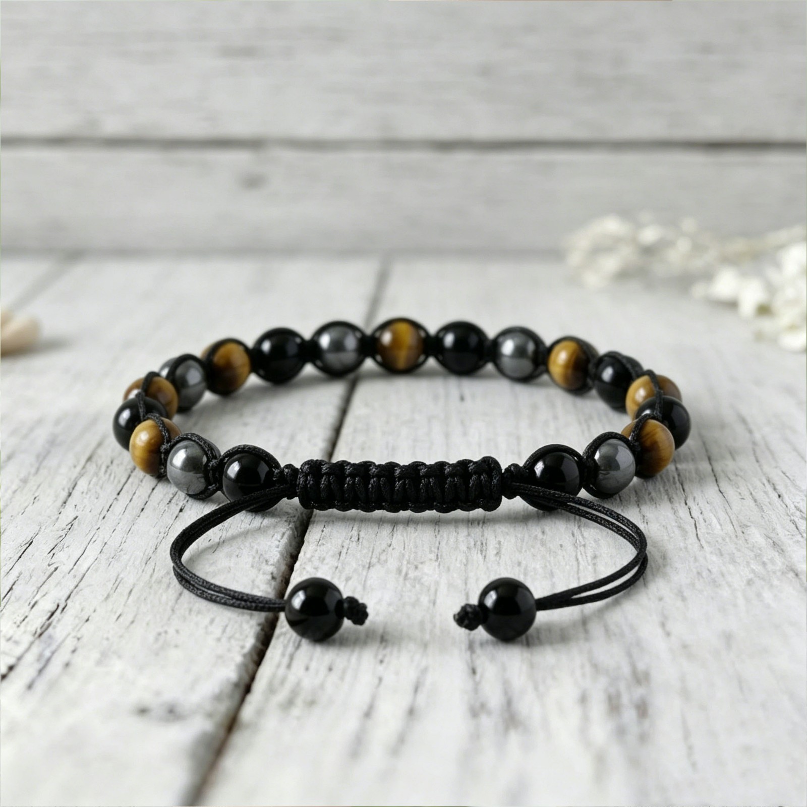 Natural Tiger Eye Obsidian & Hematite Beaded Men’s Triple Protection Bracelet