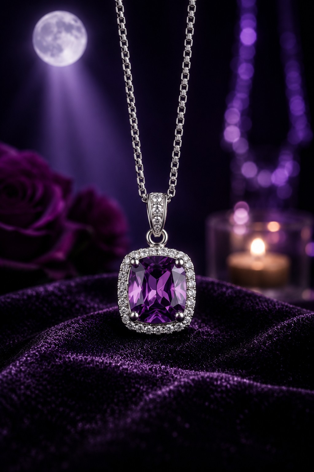 Purple Crystal Halo Pendant Necklace Silver Tone CZ Fashion Jewelry Gift Women