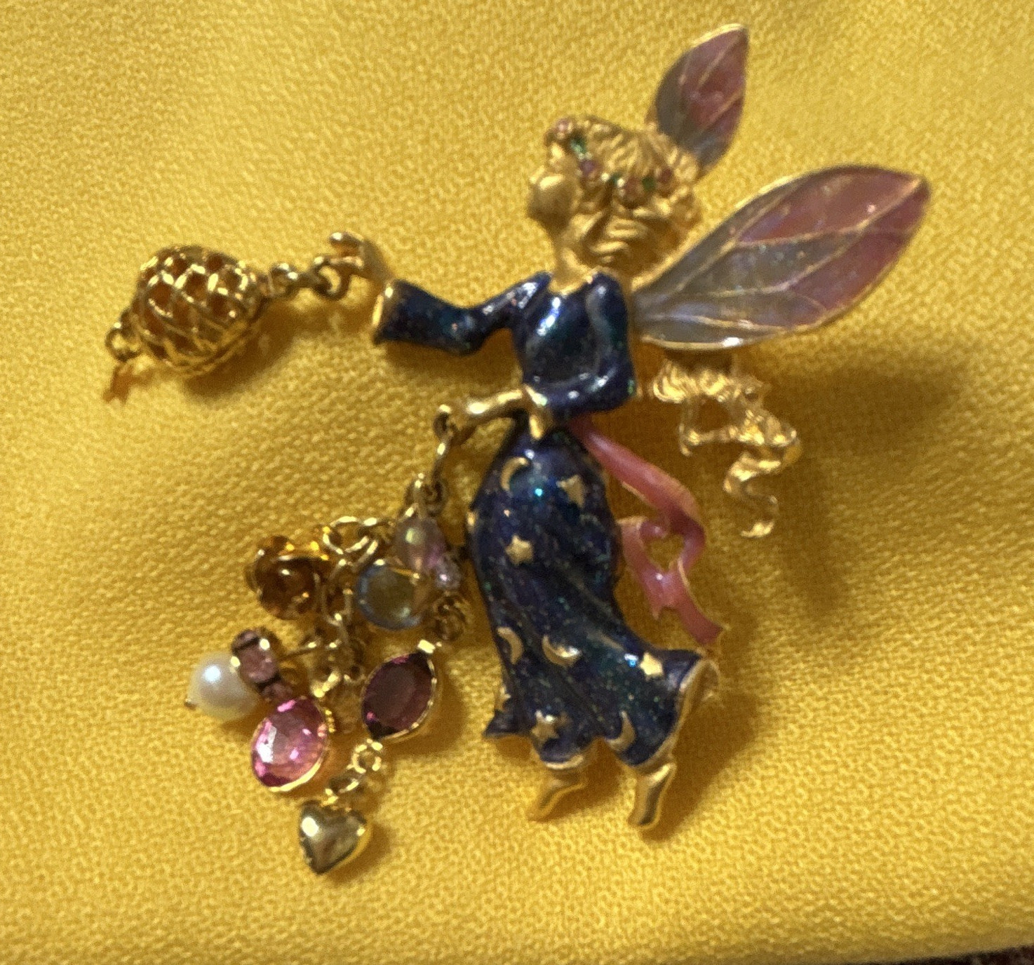 Gold Tone Enamel Fairy Brooch Pin w/ Pink Crystal Dangles, Blue & Pink