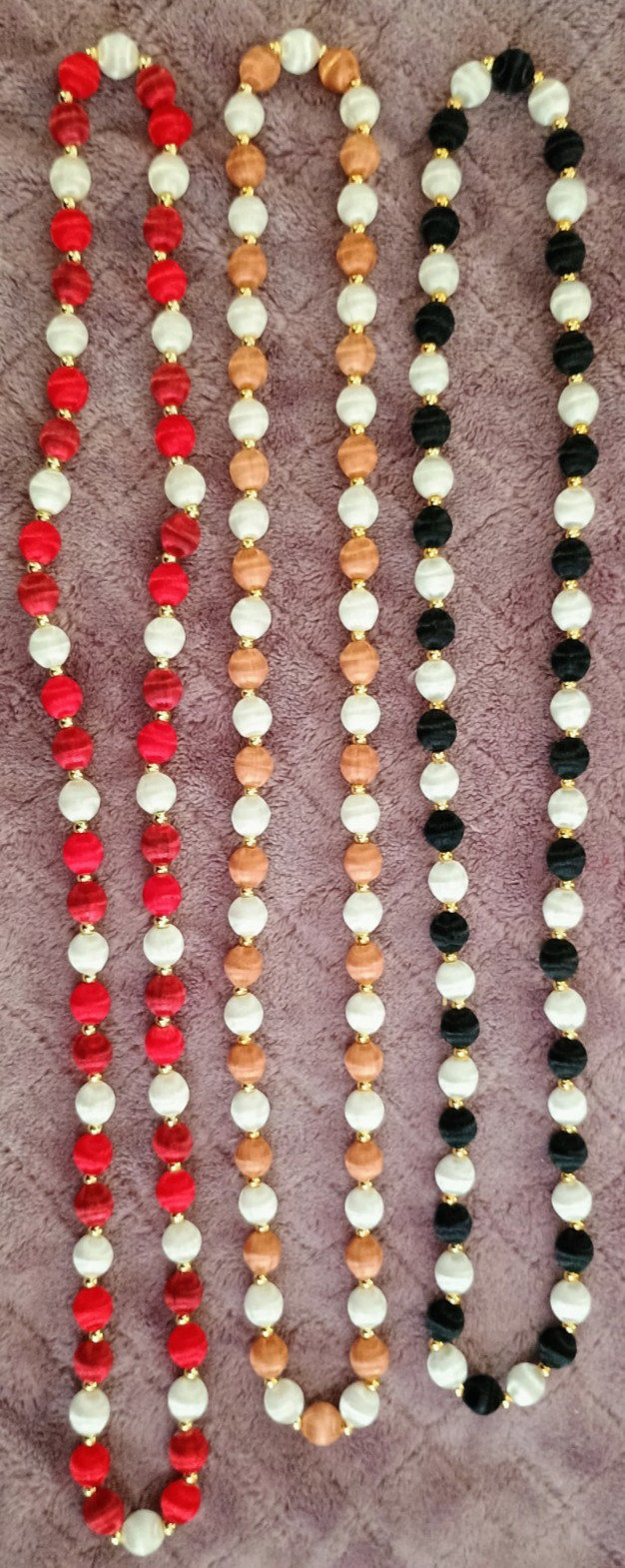 Vintage Lot of 3 Silk Satin Wrapped Beaded Necklaces Red Brown Black White
