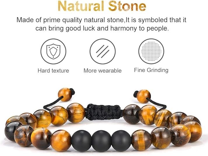 2Pcs Adjustable 8mm Tiger Eye Matte Agate Natural Stone Beaded Bracelet Men Gift