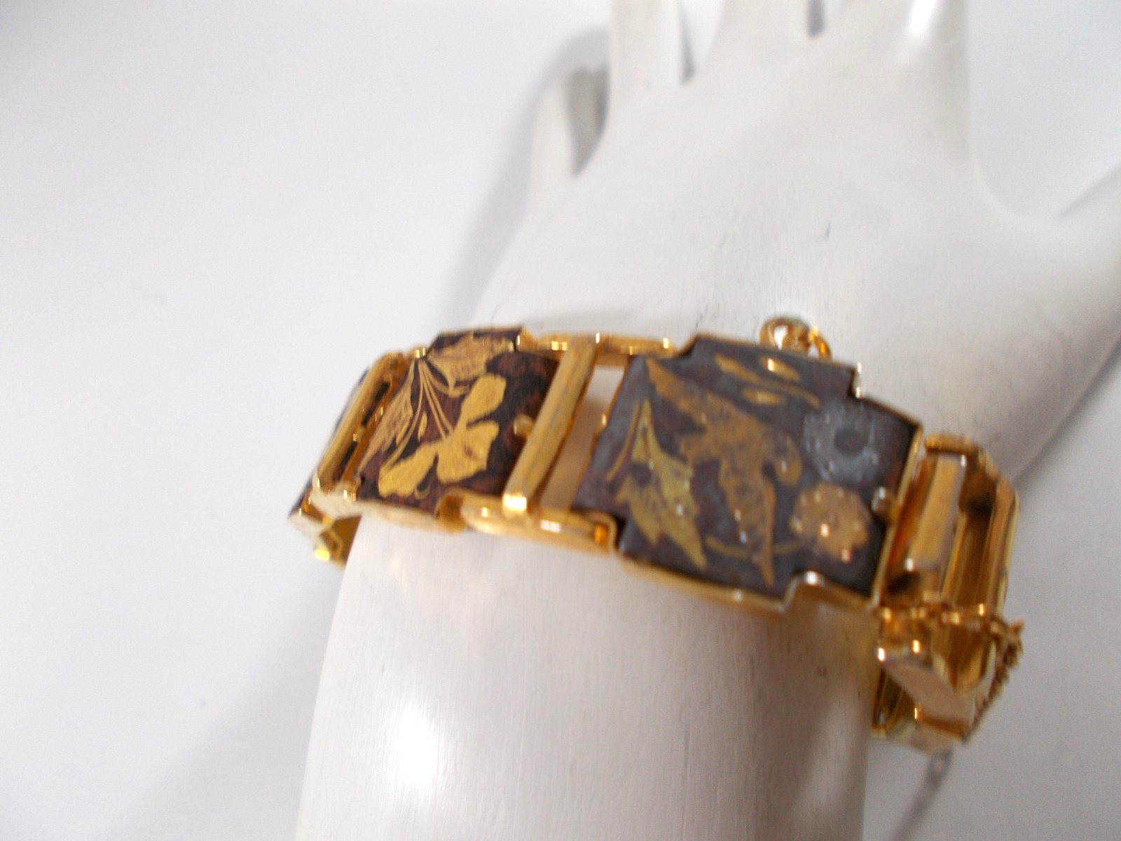 Damascene Style Panel Bracelet Bird Butterfly Flower Design with Safety Chain