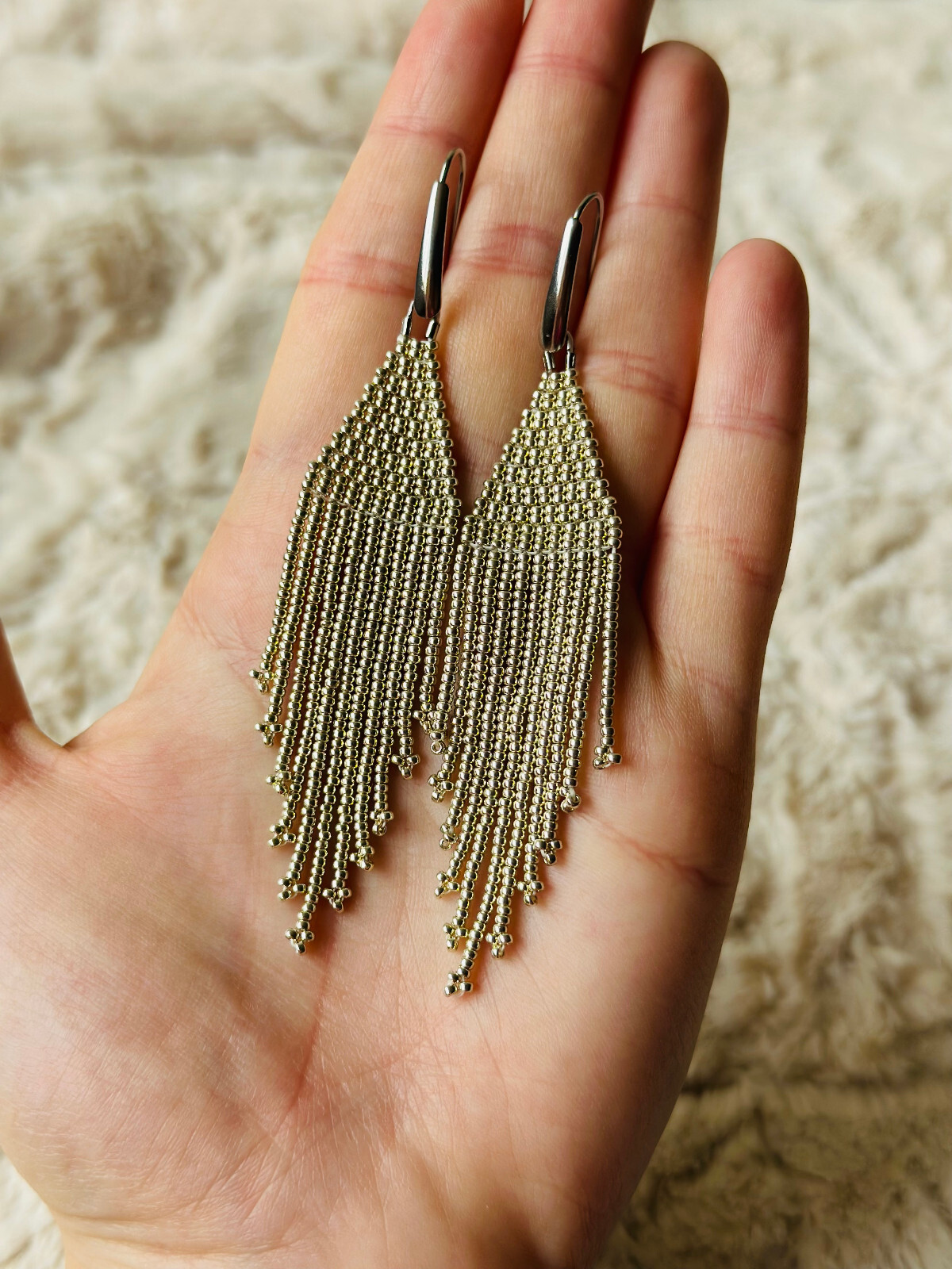 Silver beaded earrings with fringe, Shining long Miyuki seed bead earrings