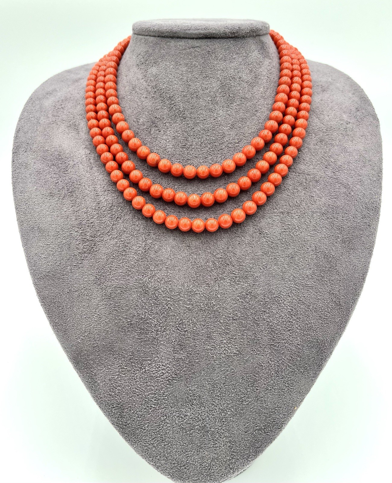Natural Mediterranean Red Coral 3 Strand Necklace 7mm 18Kt Gold Made in Italy
