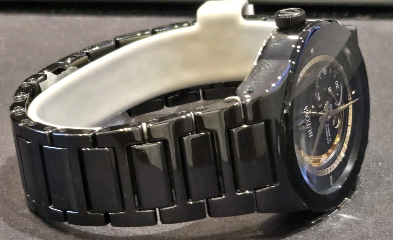 STORE DISPLAY Bulova Modern Millennia Automatic Skeleton Black Mens Watch 98A291
