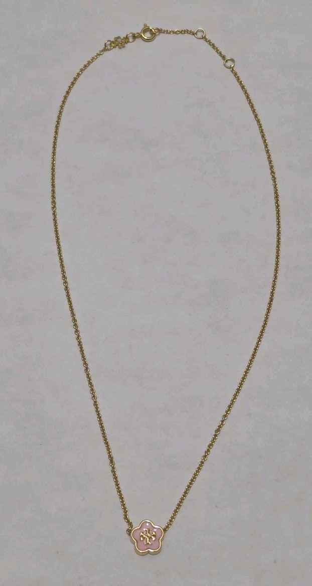 New TORY BURCH Kira Orchid Pink Enamel Flower Logo T Gold Tone 16-18” Necklace