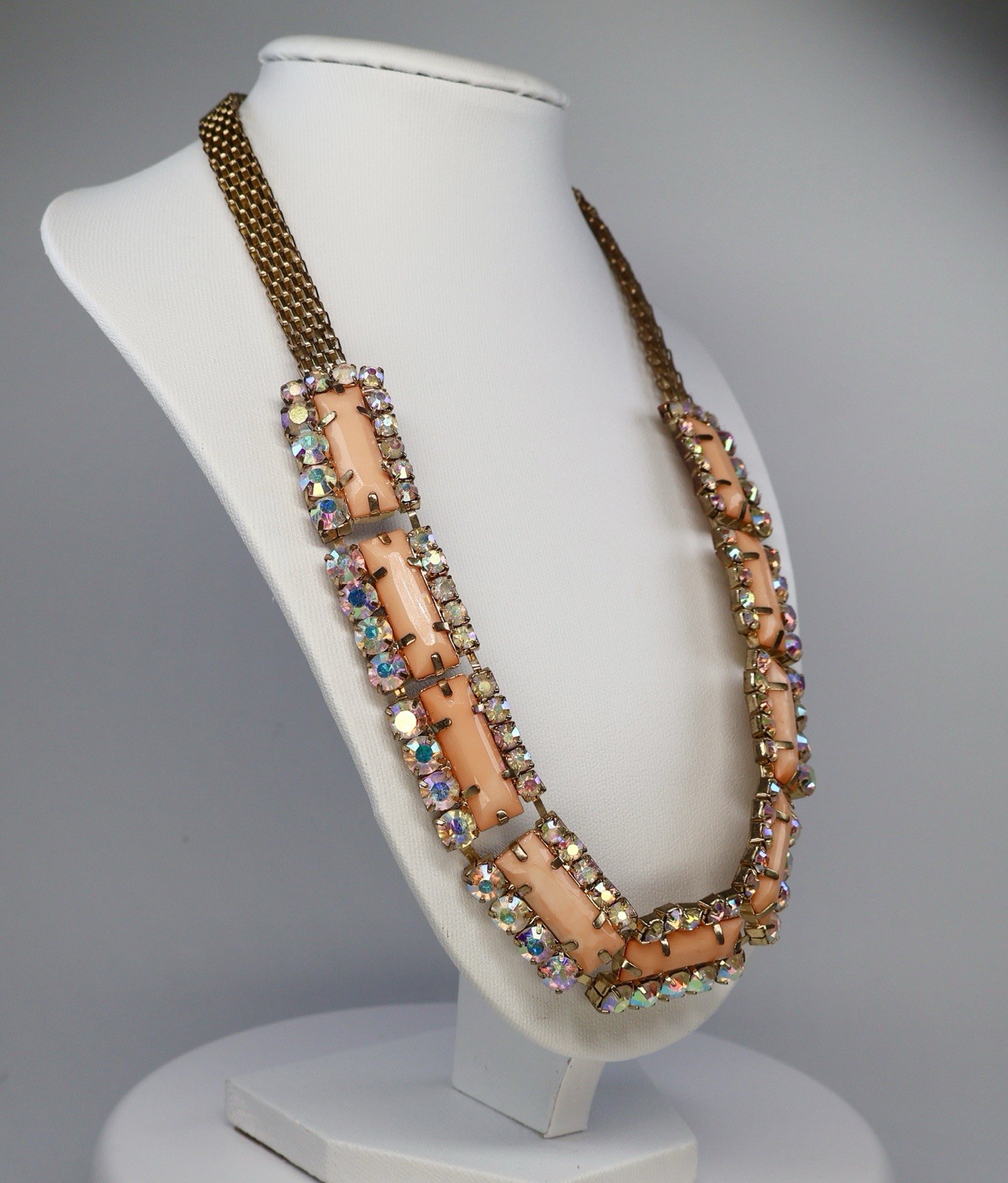 Vintage Statement Necklace AB Rhinestones Orange Peach Acrylic Baguette 18″