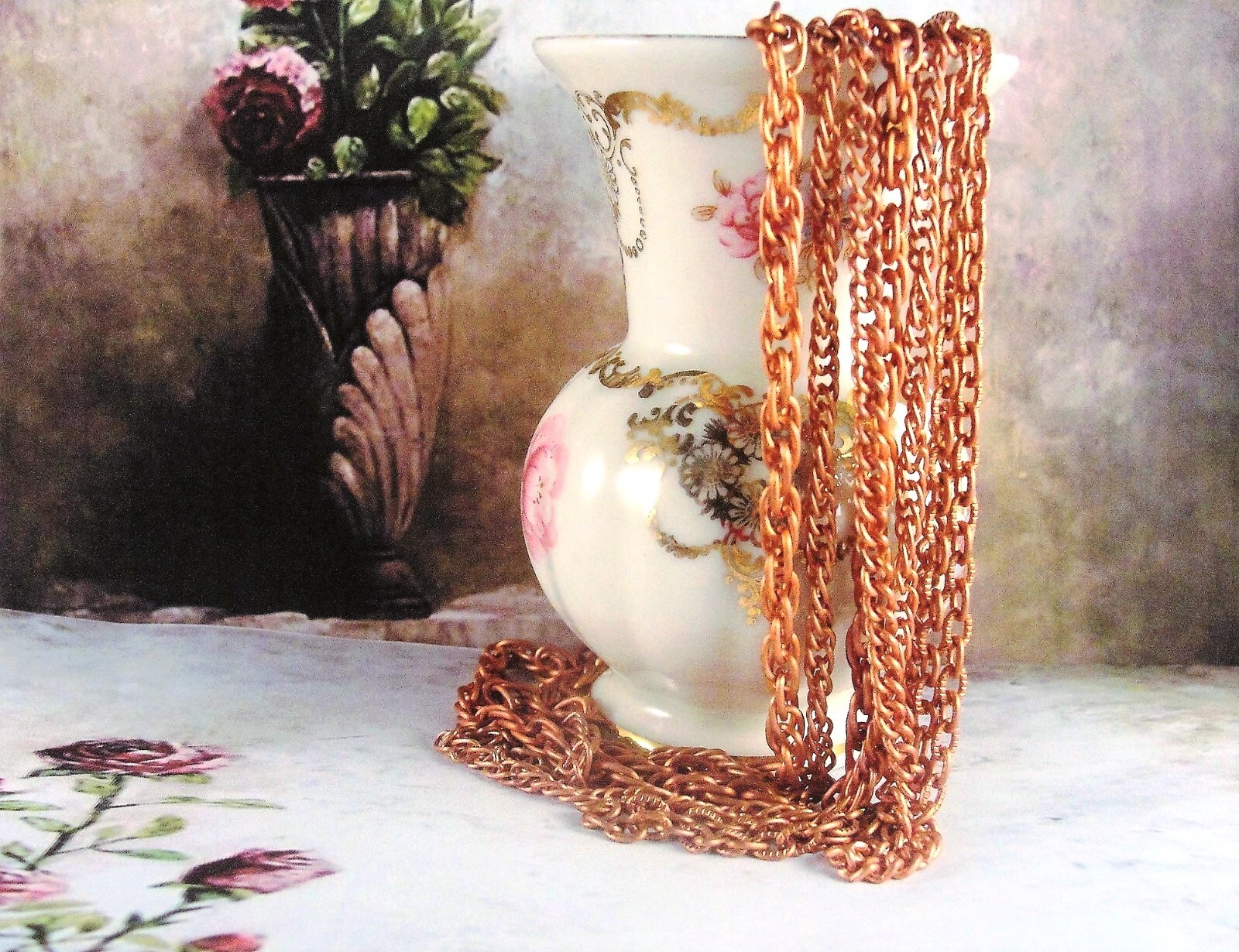 Aged Copper Coated Steel Curb, Cable and Rope Graduated 4 Chain Necklace w/Clasp