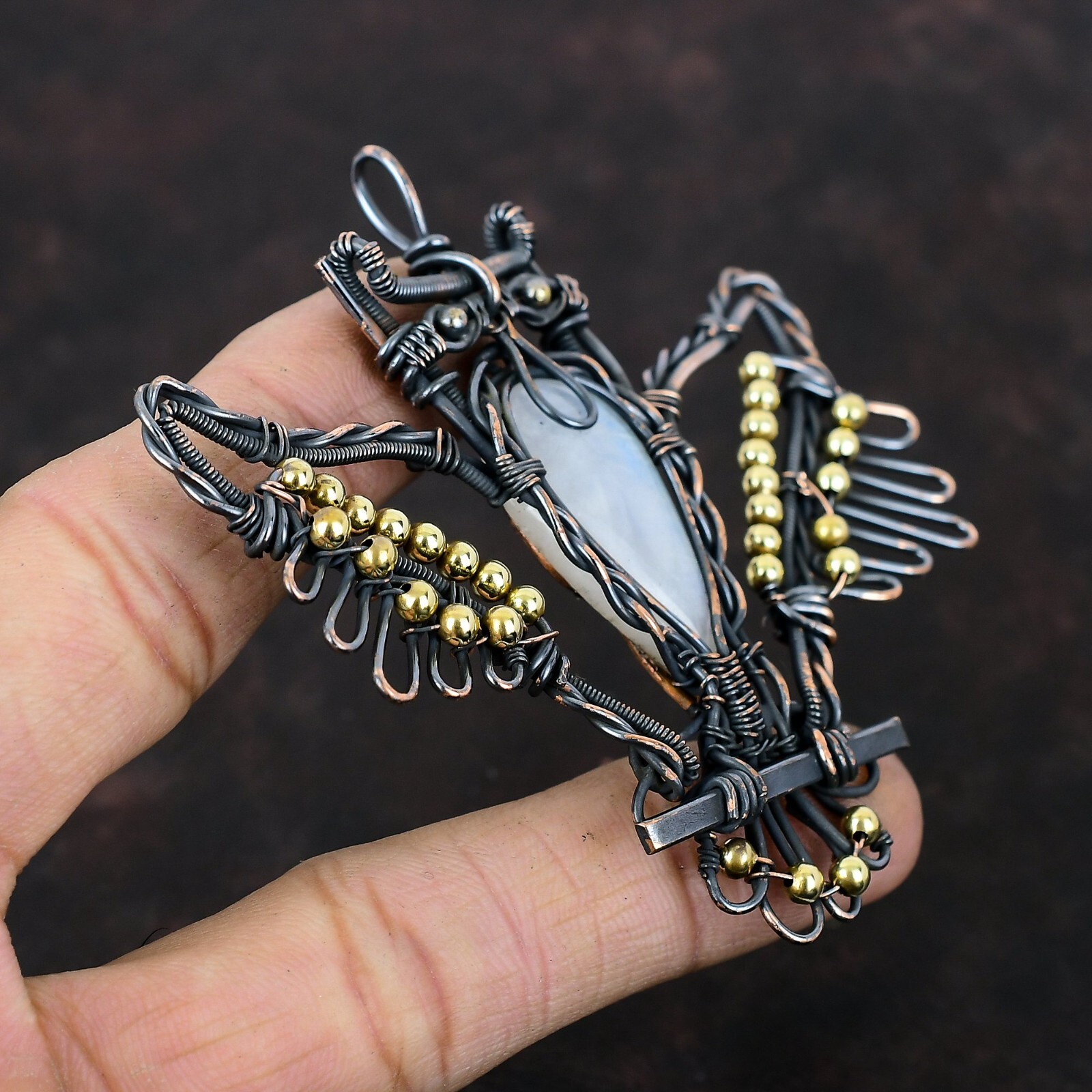 Rainbow Moonstone Wire Wrapped Owl Pendant Handcrafted Copper Unique Gift 3.15″