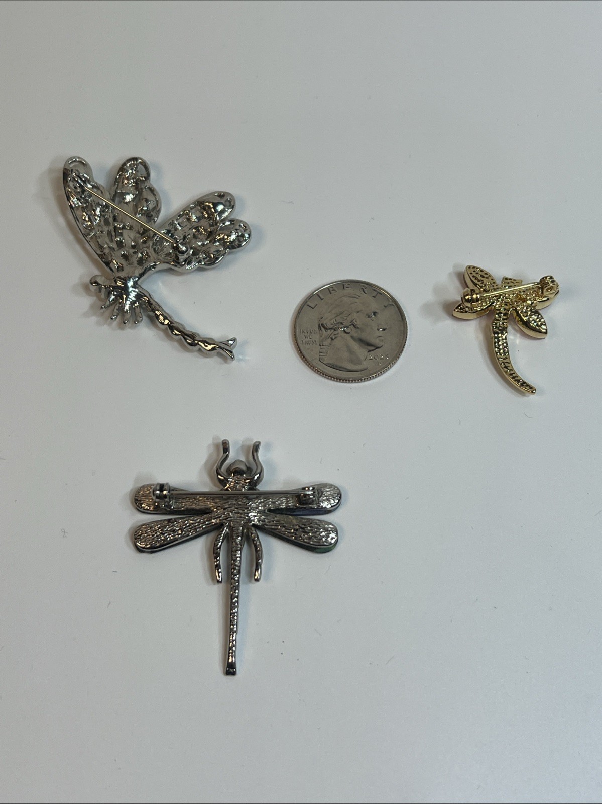 Lot Of 3ea Beautiful Dragonfly Brooches / Lapel Pins / Metal And Enamel
