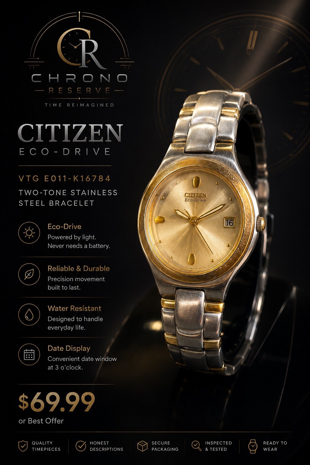 Citizen Eco-Drive Watch VTG E011-K16784 Two-Tone Stainless Steel Bracelet Unisex