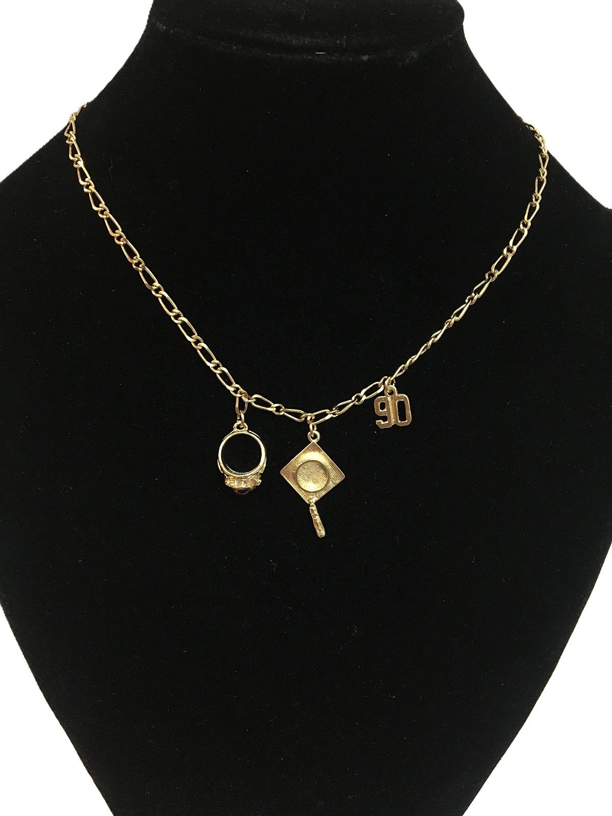 1990 Graduation Gold Plated Charm Necklace And Bracelet 2 Piece Set Vintage