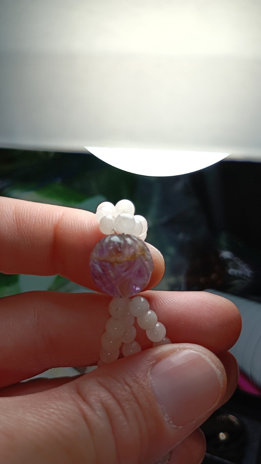 Vintage Chinese Rose Quartz Carved Amethyst Stone Beaded Necklace Silver Clasp