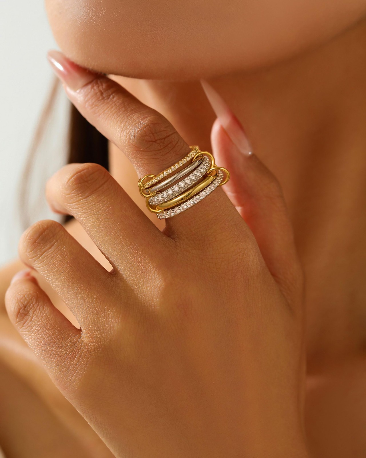 14K Gold Interlocked Stackable Rings for – 5 Layer Silver Gold Ring Stack Set…