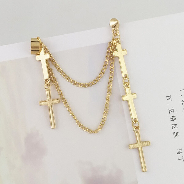 Gothic Punk Cuff Dangle Drop Cross Earrings – Long Chain Stud Tassel, Gift, Gold