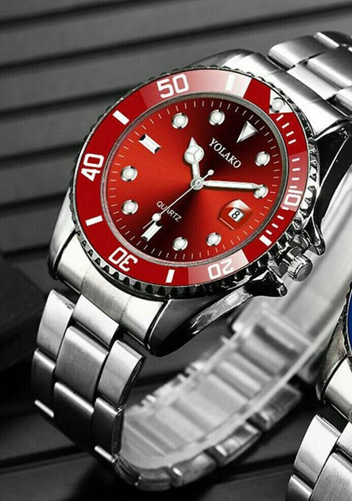 Classic Luxury Mens Stainless Steel Red Watch Casual Analog Date Quartz Wrist