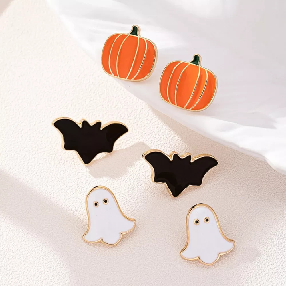 Halloween Earrings Set 3 Pairs Pumpkin Ghost Bat Stud Women Gold-Tone Gift