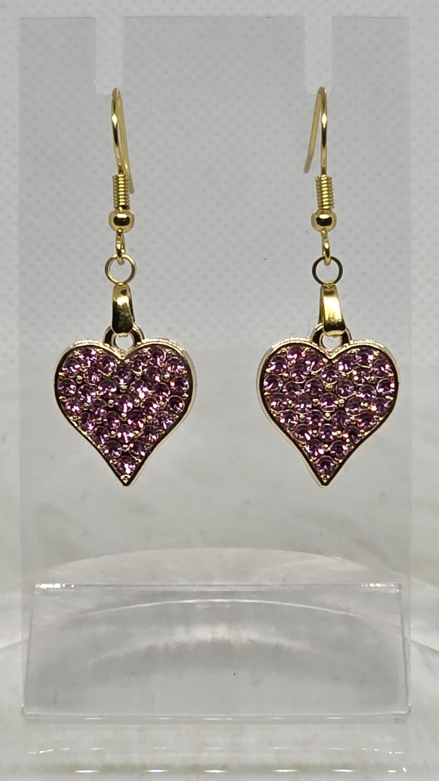Valentines Day Dangling Gold & Pink Rhinestone Heart Golden French Hook Earrings