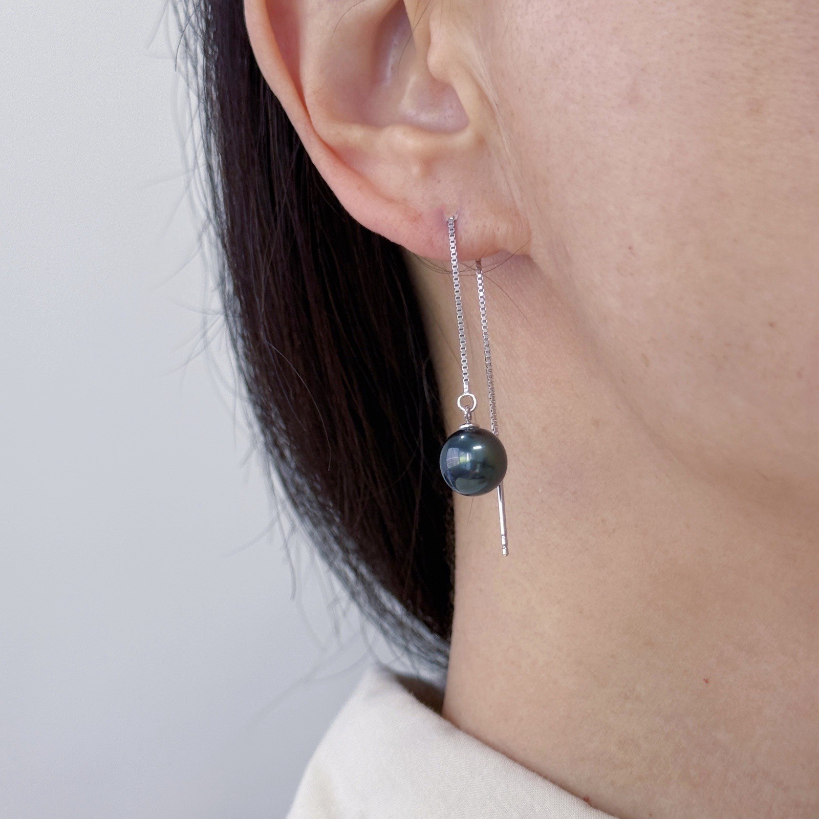 High Luster 9.7mm Tahitian Cultured Pearl Earrings Sterling Silver Threader,3.7″
