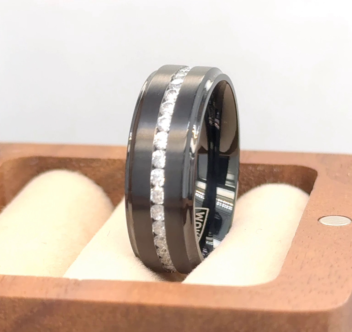 8mm Black Titanium Band CZ Inlay Polished Edge Ring Anniversary Gift Unisex Band