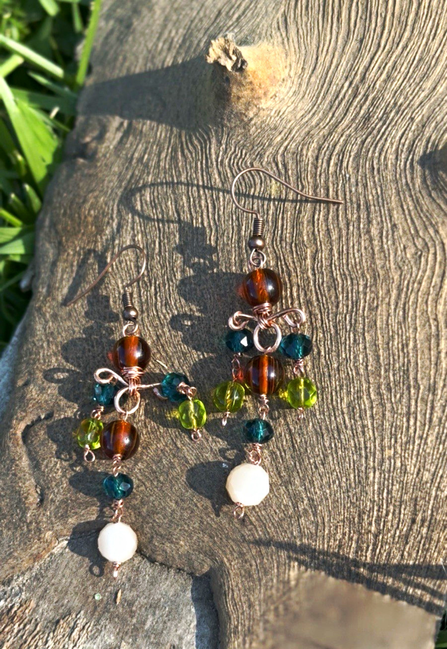 Handmade Copper Wire Dangle Earrings Western Boho Beaded Statement Jewelry