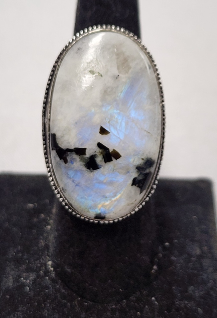 Rainbow Moonstone Black Tourmaline Ring sz 7.5 Sterling Silver